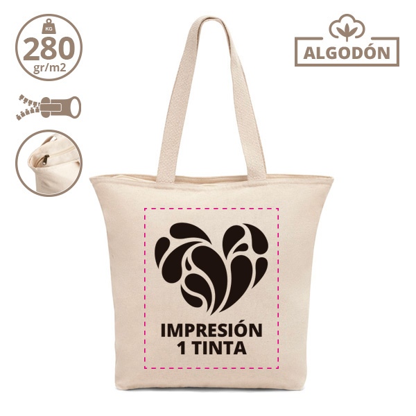 Bolsa ancha con cremallera y bolsillo de 280gr. +impresión 1 tinta plana